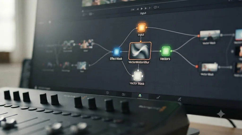 Illustration of the DaVinci Resolve Fusion Vector Motion Blur node's four labeled inputs, Input, Vectors, Vector Mask, and Effect Mask