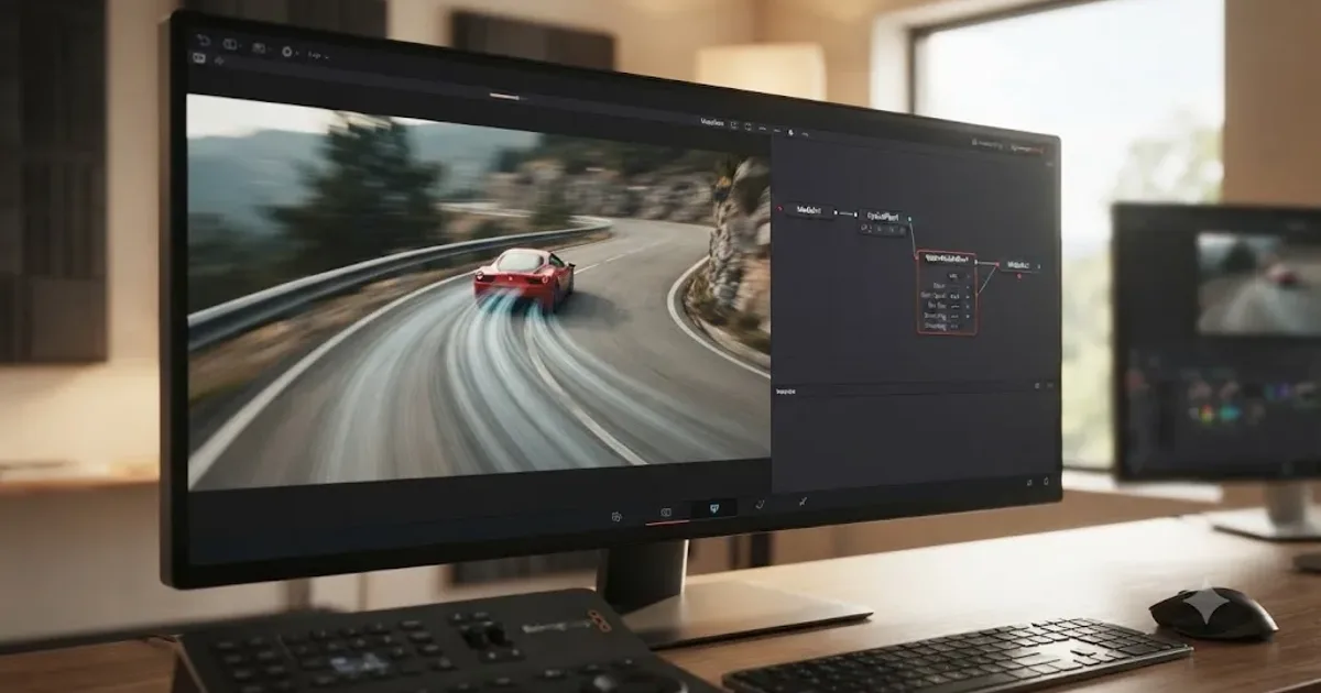 Illustration of a DaVinci Resolve Fusion node graph with an Optical Flow node feeding a Vector Motion Blur node over a moving subject
