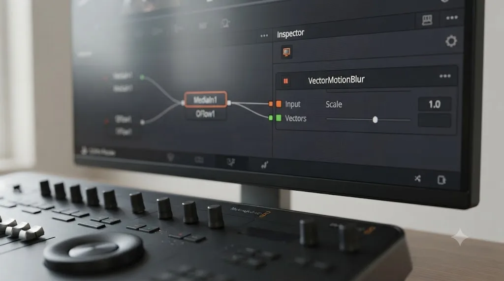 Illustration of the DaVinci Resolve Fusion Vector Motion Blur node's Inspector panel showing its Input, Vectors, and Scale controls