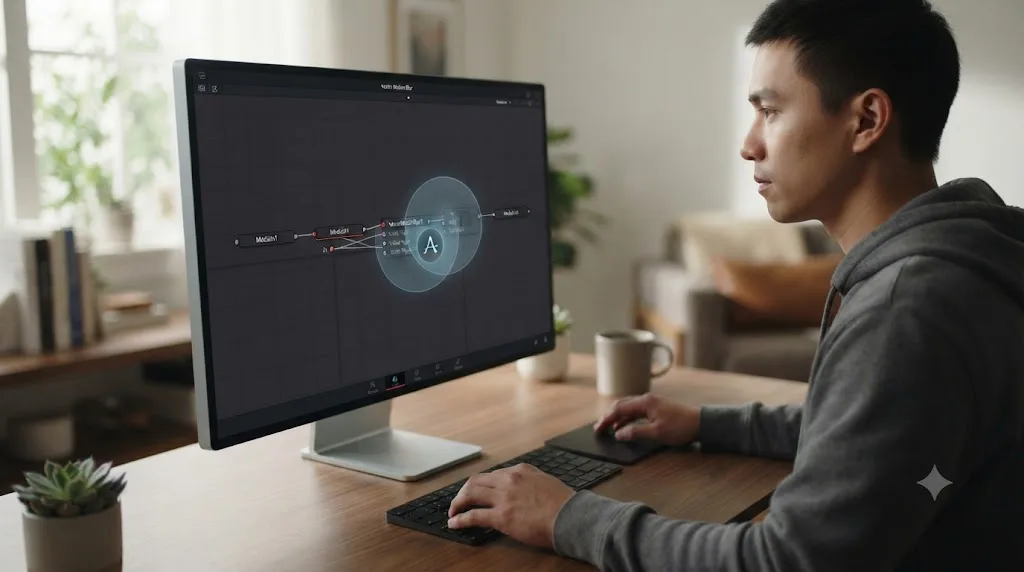 Illustration of a person building a DaVinci Resolve Fusion node graph on a Mac with an on-screen assistant highlighting a specific control