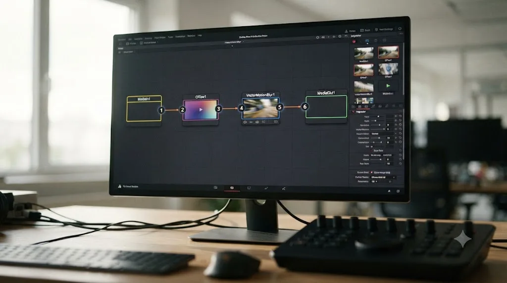 Illustration of a numbered DaVinci Resolve Fusion node chain from MediaIn through Optical Flow and Vector Motion Blur to MediaOut