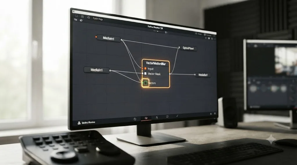 Illustration of a DaVinci Resolve Fusion Vector Motion Blur node with its green Vectors input left unconnected