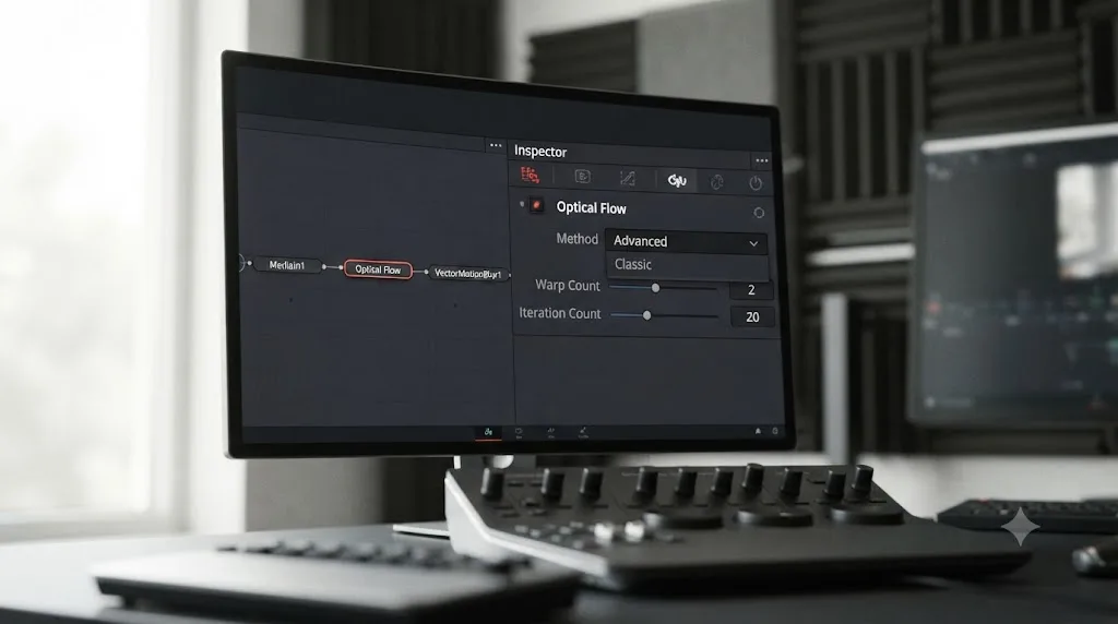 Illustration of the DaVinci Resolve Fusion Optical Flow node's Inspector panel showing Method, Warp Count, and Iteration Count settings