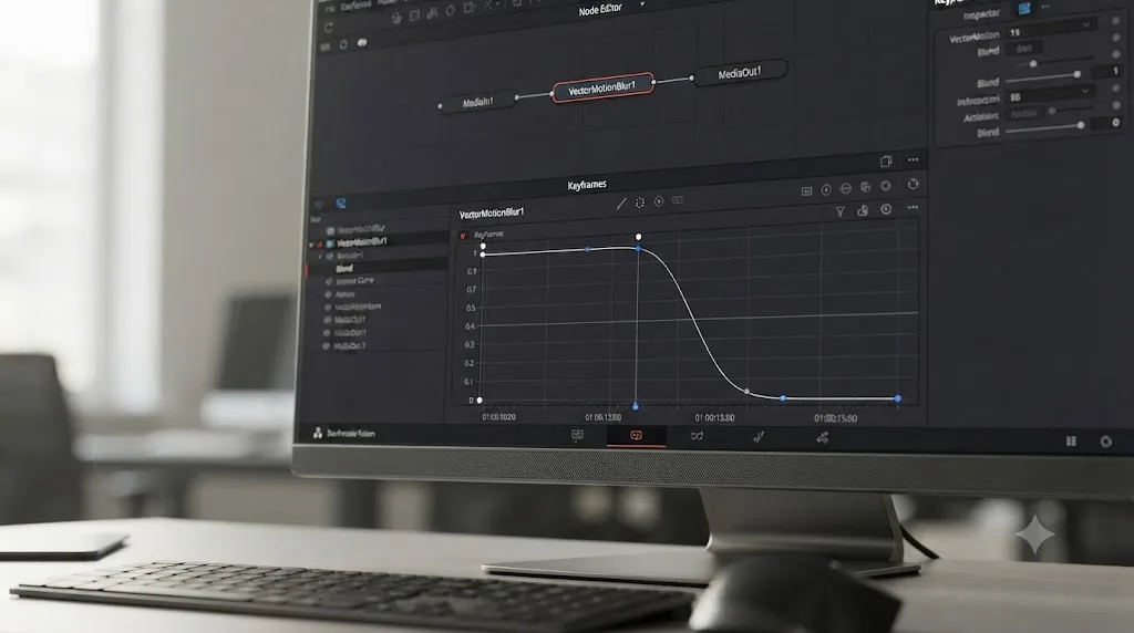 Illustration of a DaVinci Resolve Fusion Keyframes panel showing a Vector Motion Blur Blend parameter animated to match a speed ramp