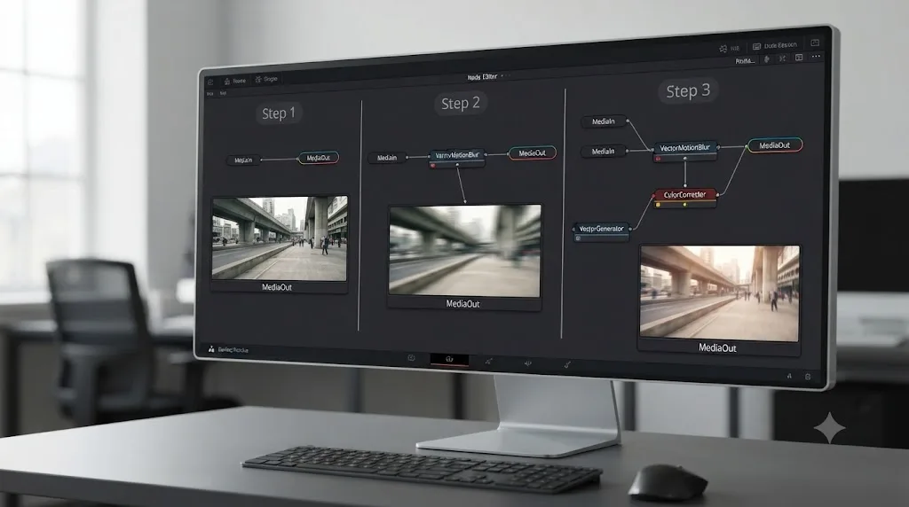 Illustration of a step-by-step worked example building DaVinci Resolve Fusion Vector Motion Blur on a whip pan shot
