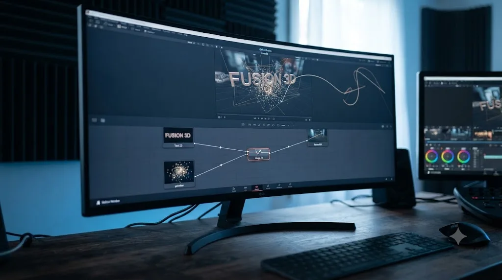 Illustration of a DaVinci Resolve Fusion 3D scene combining text geometry, a camera path, and a particle system