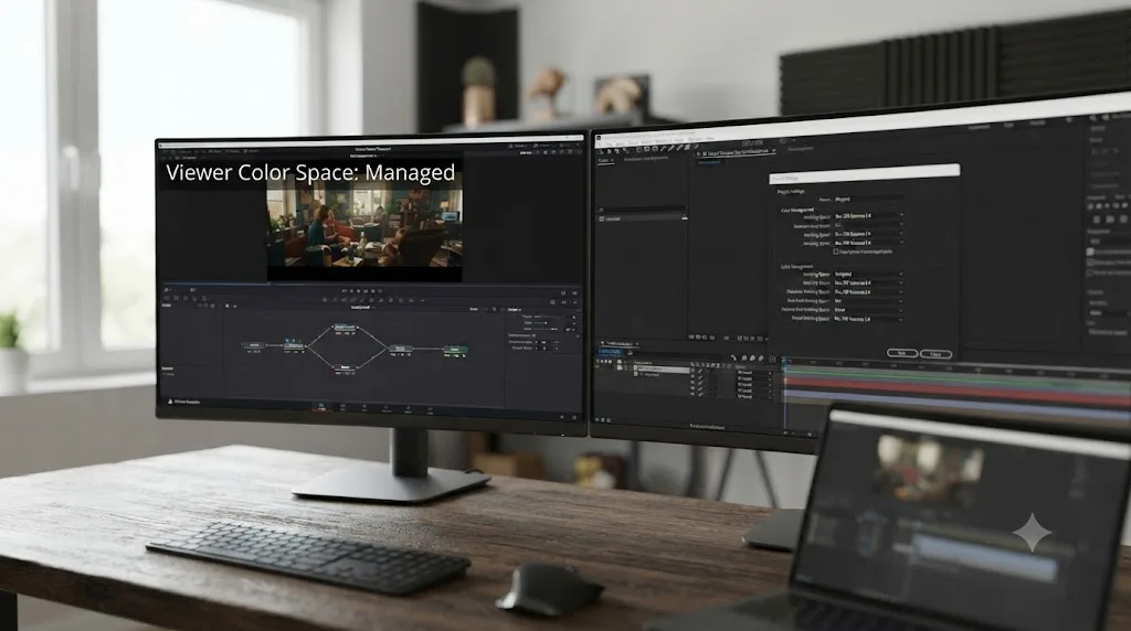 Illustration comparing a DaVinci Resolve Fusion color-managed viewer to an After Effects project color space setting