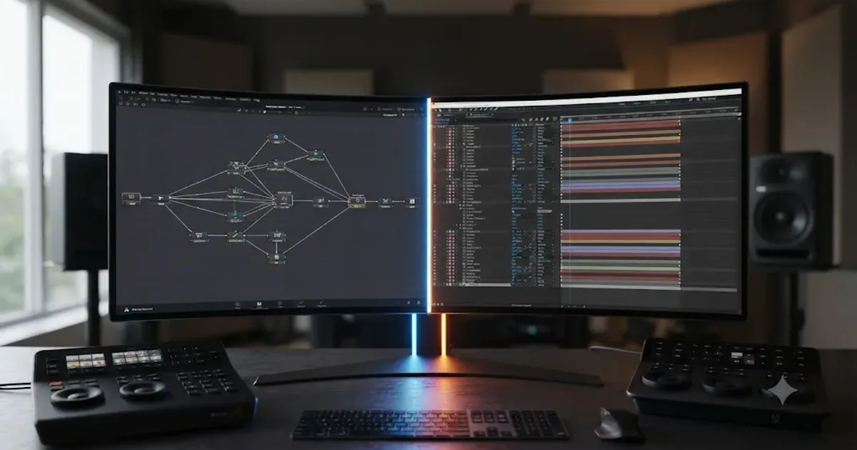 Illustration of a DaVinci Resolve Fusion node graph and an Adobe After Effects layer stack facing each other like two sides of a comparison