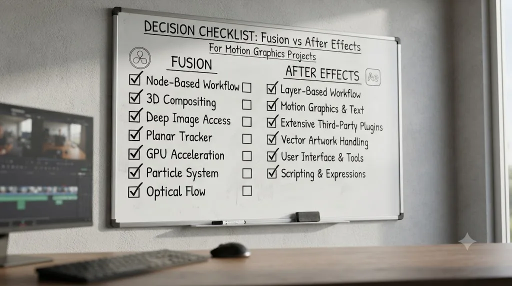 Illustration of a two-column decision checklist comparing criteria for choosing Fusion versus After Effects