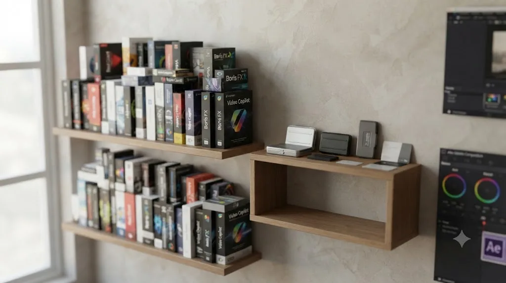 Illustration comparing a large shelf of After Effects plugin and template icons to a smaller shelf of Fusion tools