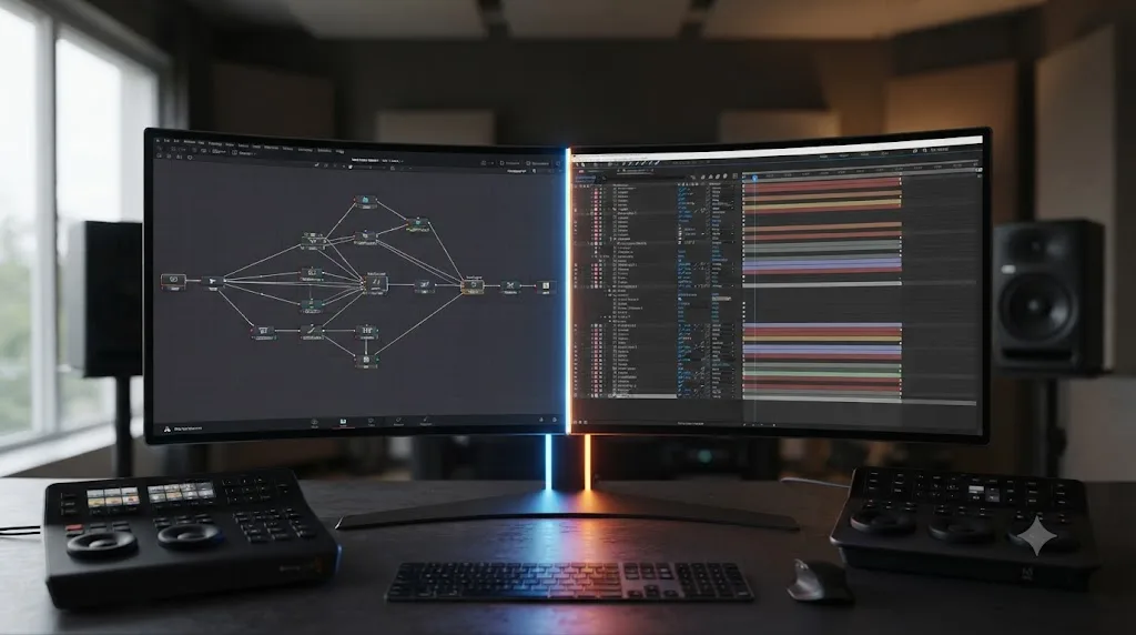 Illustration of a DaVinci Resolve Fusion node graph and an Adobe After Effects layer timeline shown side by side