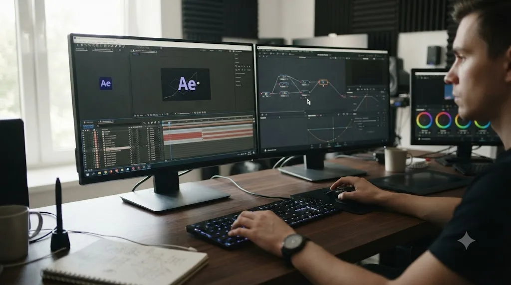 Illustration of a motion designer working across an After Effects window and a Fusion window on the same desktop