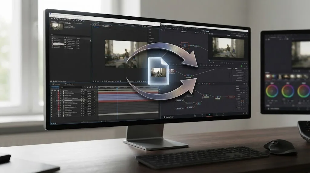 Illustration of a rendered video file being passed between an After Effects window and a Fusion window
