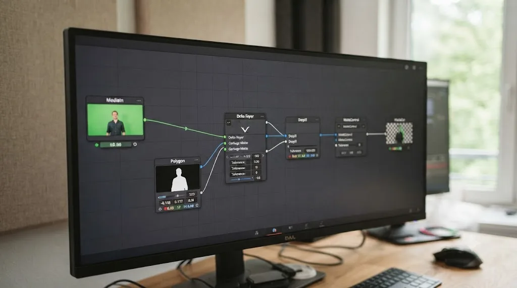 Illustration of a DaVinci Resolve Fusion node graph showing a keying workflow with a garbage matte and despill node