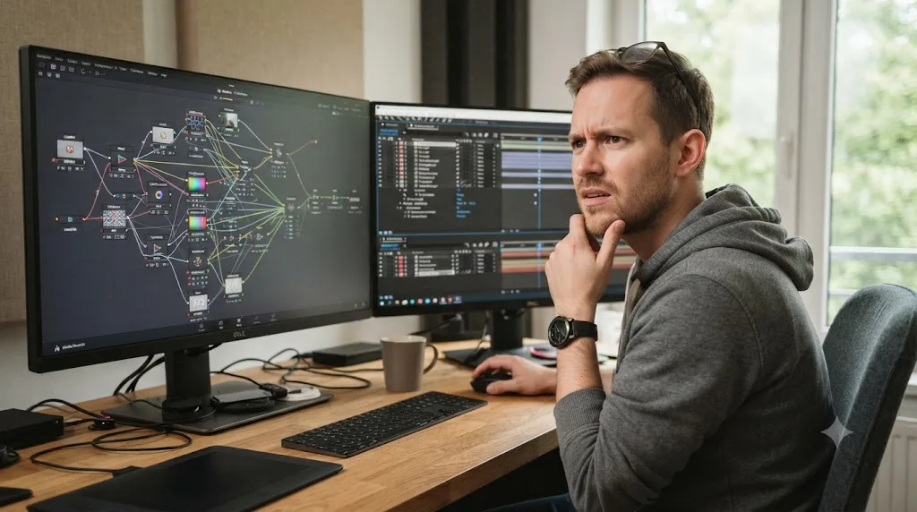 Illustration of an editor comparing a Fusion node graph to a familiar layer stack across two monitors