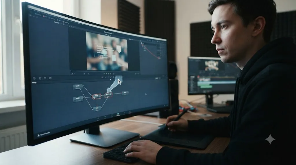 Illustration of an assistant overlay pointing at a specific node input inside a DaVinci Resolve Fusion project