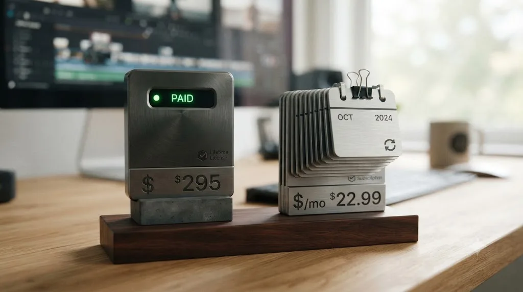 Illustration of a one-time payment icon compared against a recurring monthly subscription icon representing software costs