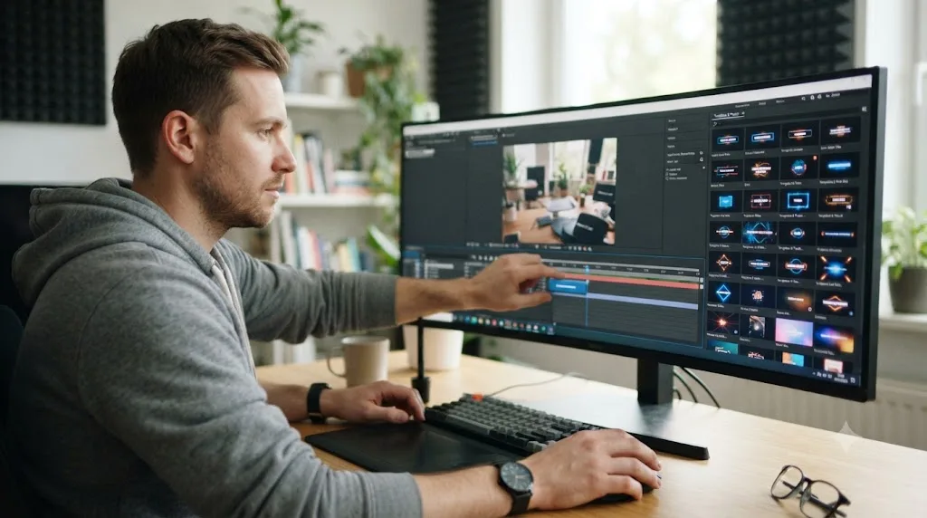 Illustration of a motion designer dragging a title template into a timeline surrounded by template preview thumbnails
