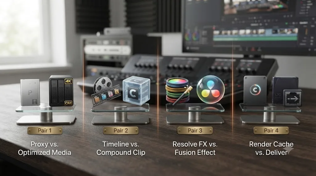 Illustration of commonly confused DaVinci Resolve term pairs shown as labeled icon pairs