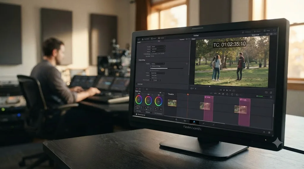 Illustration of a DaVinci Resolve Deliver page render showing handle frames at cut points and a timecode burn-in