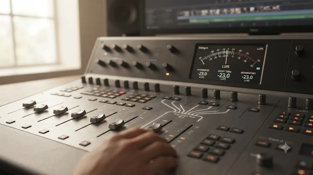 Illustration of a DaVinci Resolve Fairlight mixing console with tracks routed into a dialogue bus and a LUFS loudness meter