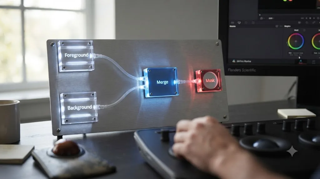 Illustration of a DaVinci Resolve Fusion node graph with foreground and background layers feeding into a Merge node