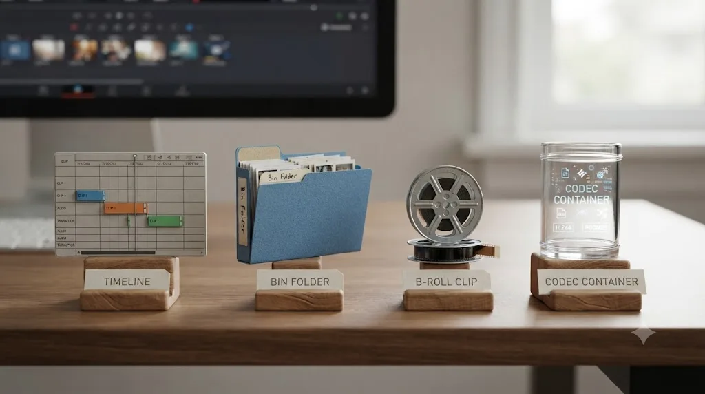 Illustration of general video editing icons including a timeline, bin folder, and codec container
