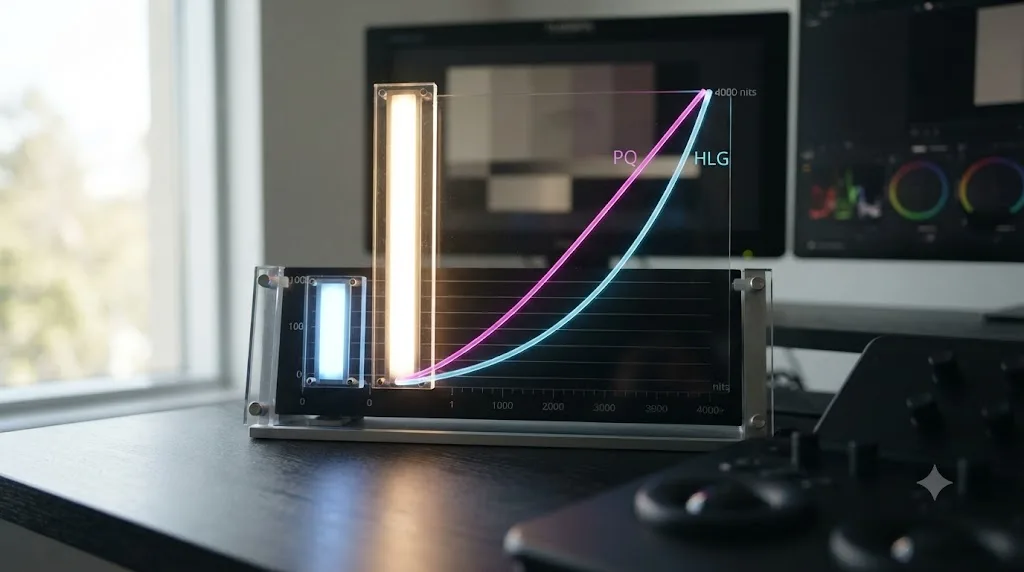 Illustration comparing SDR and HDR peak brightness in nits with PQ and HLG transfer curves overlaid