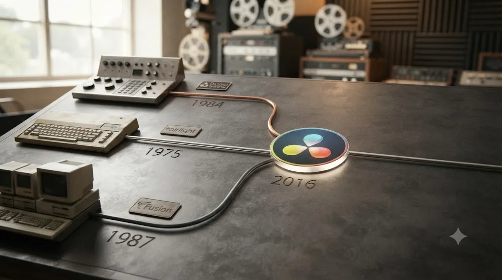Illustration of a timeline showing three separate companies merging into a single DaVinci Resolve icon