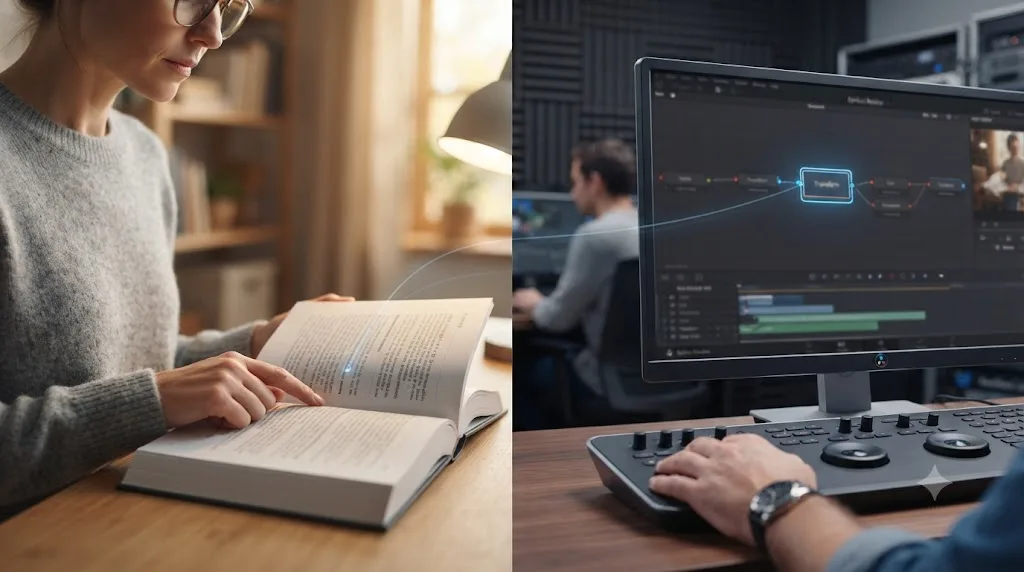 Illustration comparing a person reading a glossary definition to the same term highlighted inside a DaVinci Resolve project