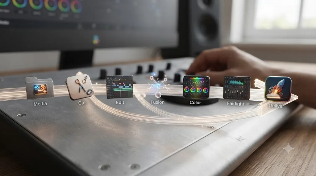 Illustration of the seven DaVinci Resolve page icons arranged along a workflow arrow