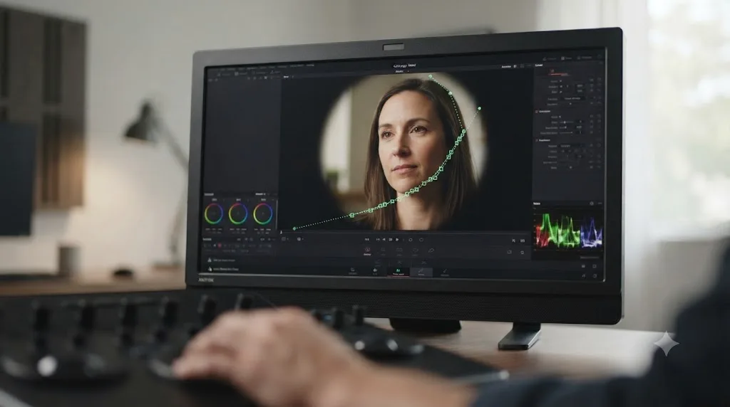 Illustration of a DaVinci Resolve frame with a circular Power Window isolating a subject and a tracking path