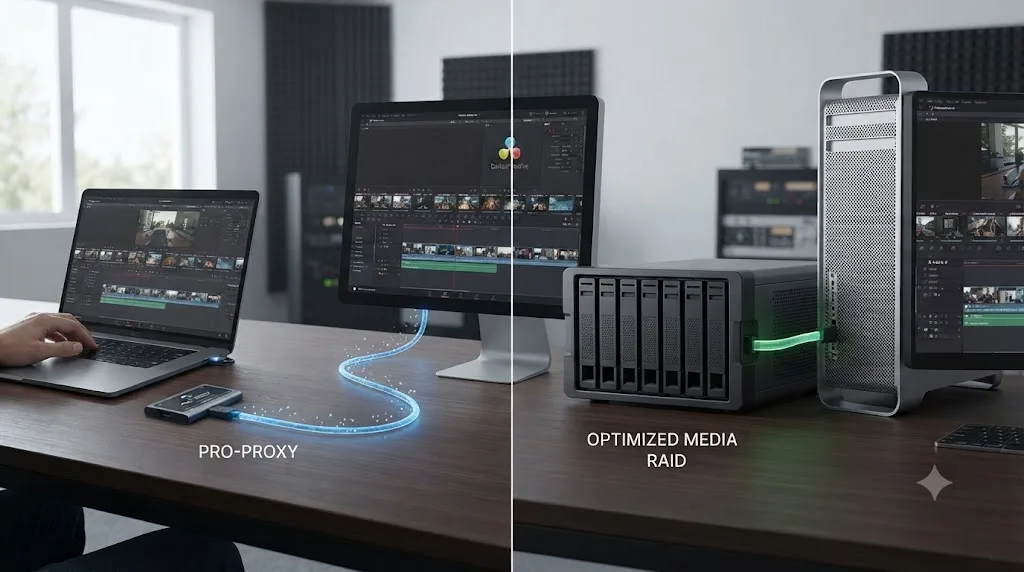 Illustration comparing portable proxy media moving between computers to project-locked optimized media staying in place
