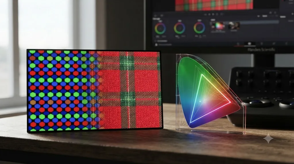 Illustration of a sensor pixel mosaic being reconstructed into a full color image next to a color space gamut diagram
