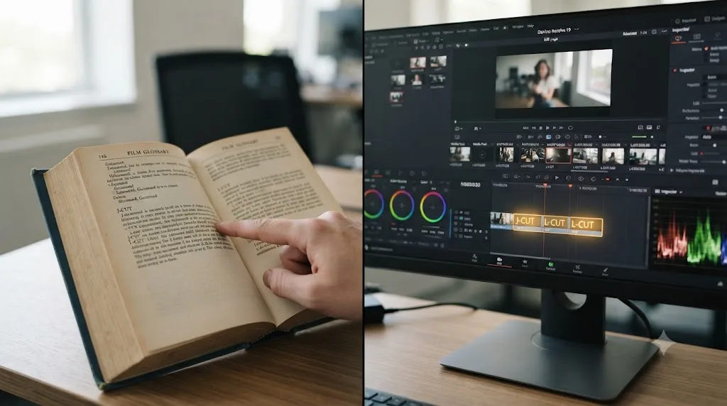 Illustration comparing a generic film glossary book to a DaVinci Resolve interface with highlighted terms