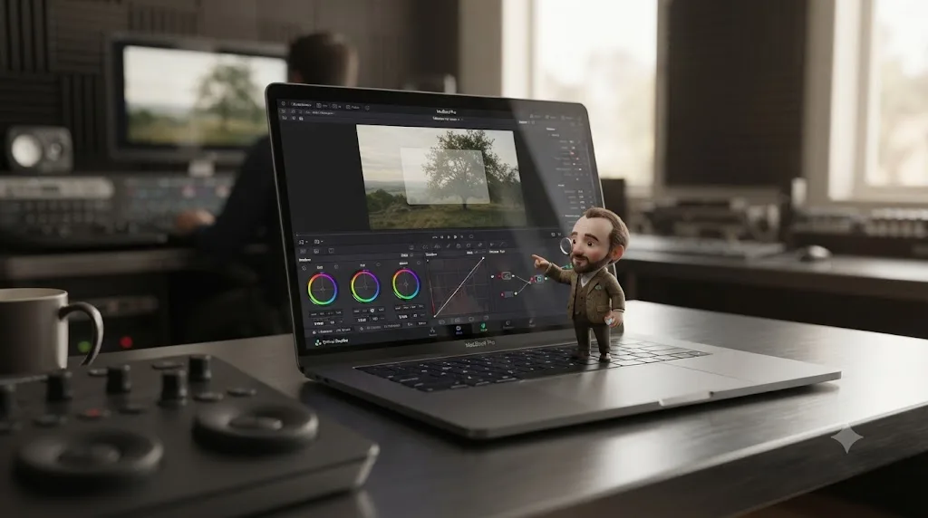 Illustration of the TryUncle assistant pointing at a Power Window shape button inside a DaVinci Resolve Color page on a Mac screen