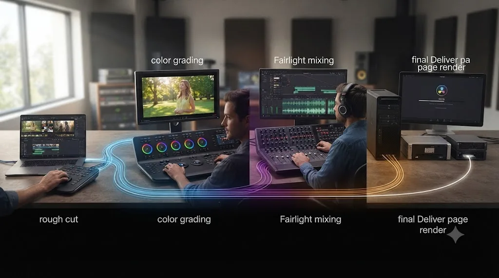 Illustration of a project workflow tracing from rough cut through color grading and audio mixing to a final render