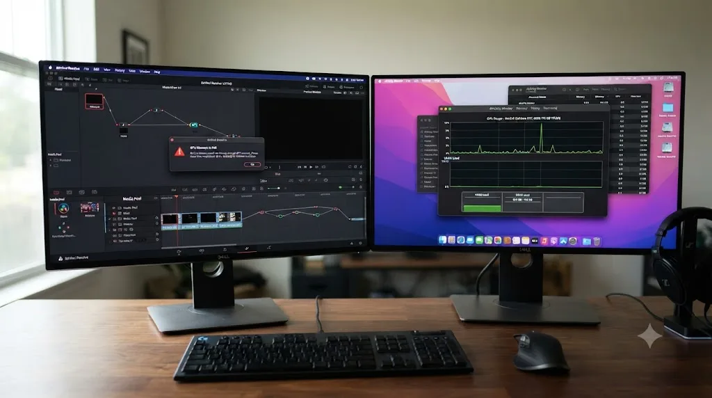 Illustration comparing an 8-bit HEVC clip playing normally against a 10-bit GP-Log clip showing Media Offline in DaVinci Resolve