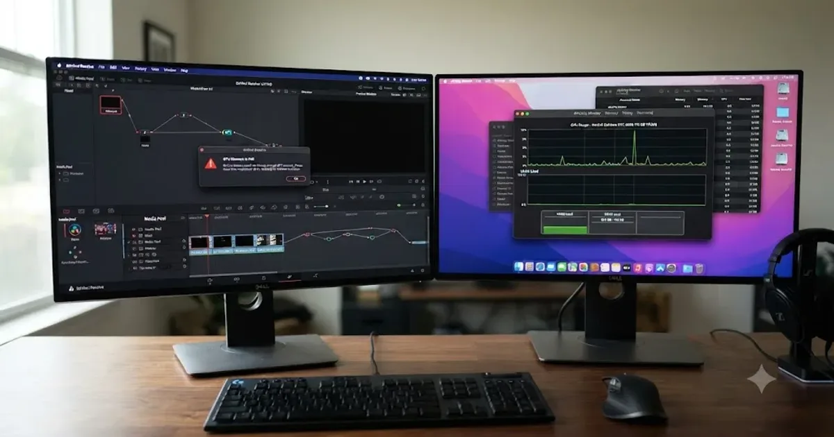 Illustration of a GoPro Hero 13 camera beside a DaVinci Resolve import window showing a stalled clip