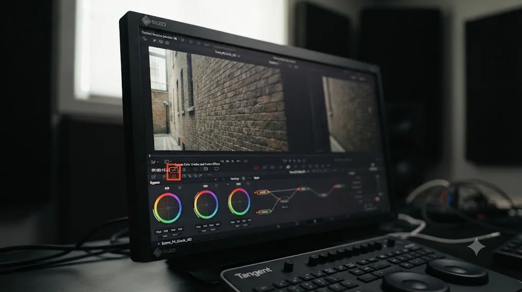 Illustration of the DaVinci Resolve viewer title bar with the Bypass Color Grades and Fusion Effects icon highlighted
