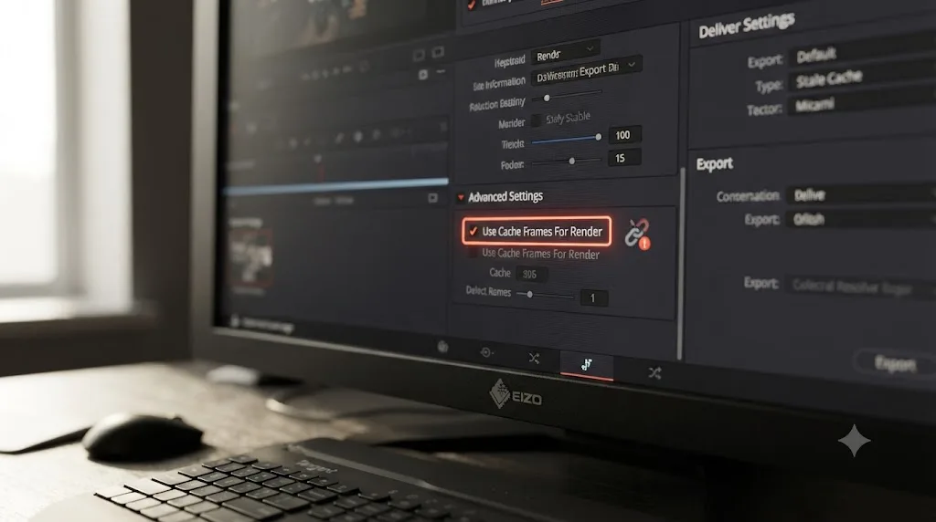 Illustration of the DaVinci Resolve Deliver page Advanced Settings panel with the Use Cache Frames For Render checkbox highlighted