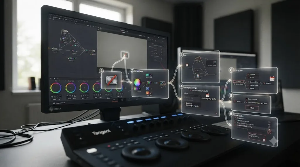 Illustration of a numbered troubleshooting checklist for a DaVinci Resolve grade missing after render
