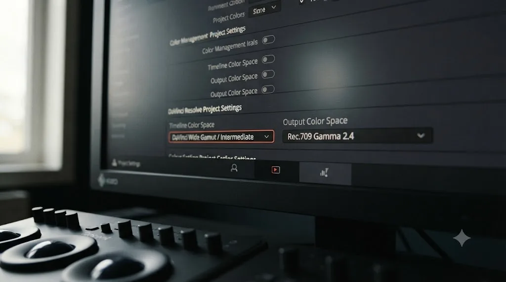 Illustration of a DaVinci Resolve Color Management settings panel with Timeline Color Space and Output Color Space dropdowns