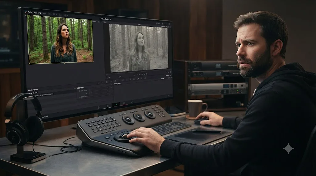 Illustration of a DaVinci Resolve Deliver page playing back a rendered clip that looks flat and ungraded next to a graded viewer