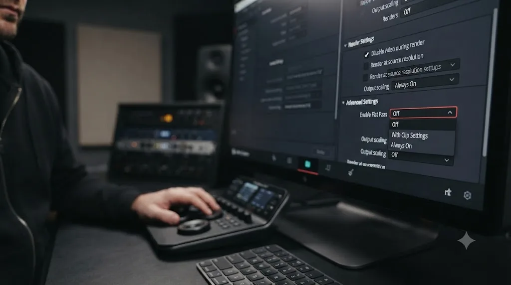 Illustration of the DaVinci Resolve Deliver page Advanced Settings panel with the Enable Flat Pass dropdown open