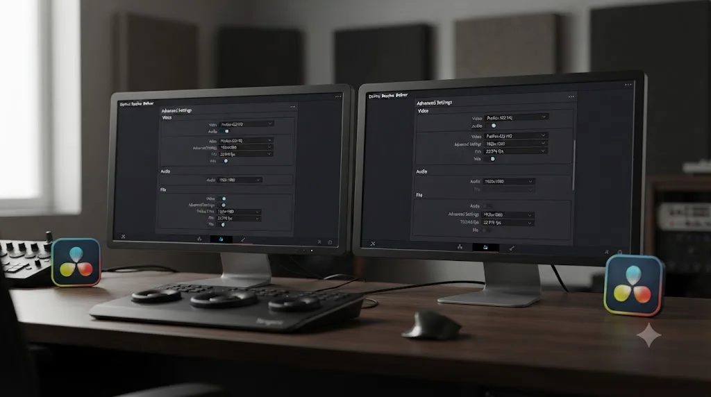 Illustration of DaVinci Resolve free and Studio edition icons beside an identical Deliver page settings panel