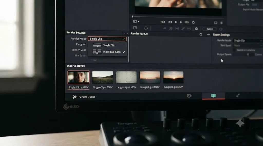 Illustration of a DaVinci Resolve Deliver page render mode dropdown showing Single Clip and Individual Clips options