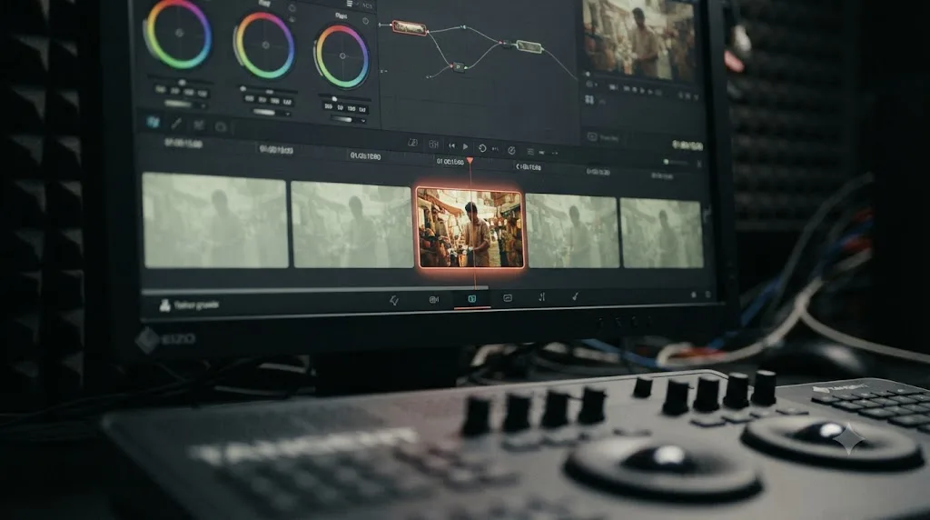 Illustration of a DaVinci Resolve timeline with five instances of one clip, only one shown graded and the rest ungraded
