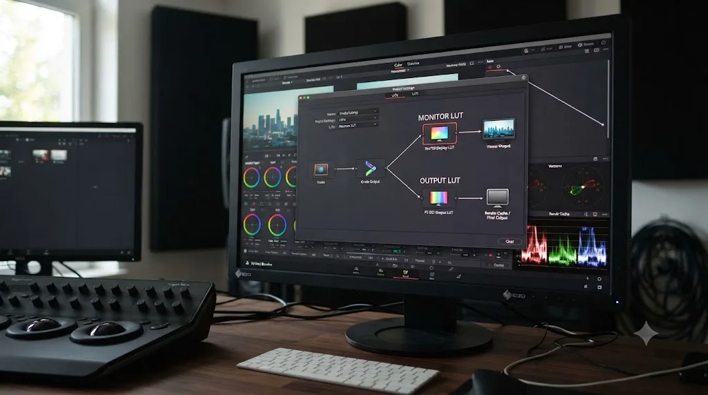 Illustration of a DaVinci Resolve LUT routing diagram with a Monitor branch and an Output branch