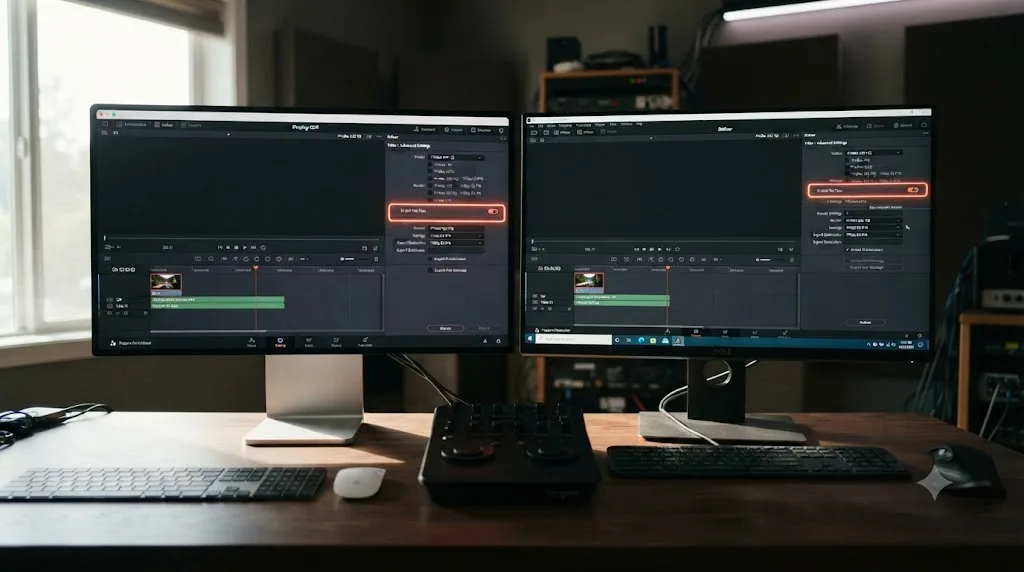 Illustration of a Mac and a Windows computer showing the same DaVinci Resolve Deliver page settings
